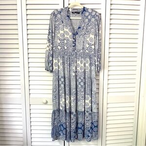 Zara Blue White Floral Maxi Midi Dress Size medium Sleeve Boho Cottage